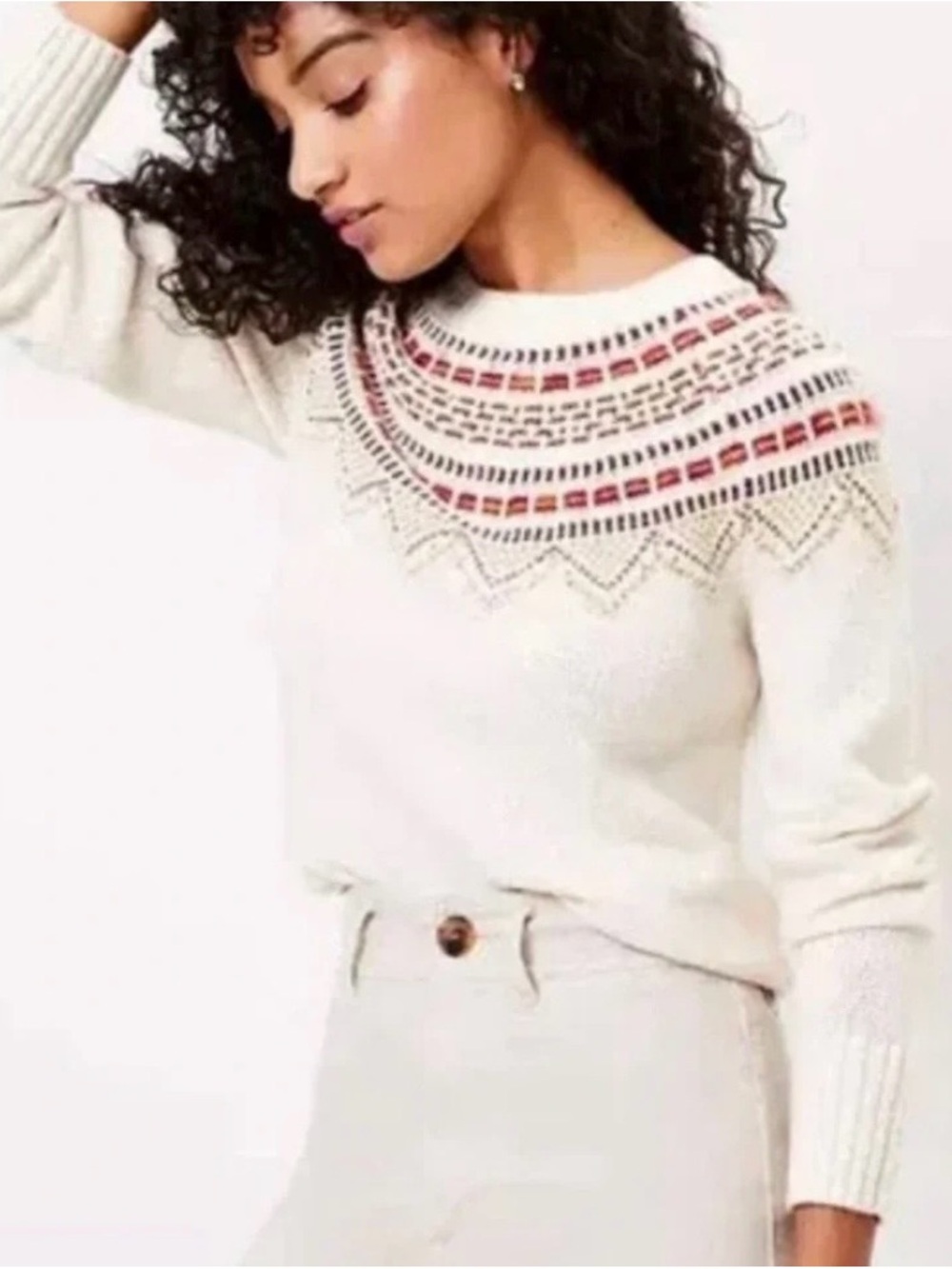 LOFT White Fair Isle Yoke Sweater NWOT Never Worn Classic Winter
